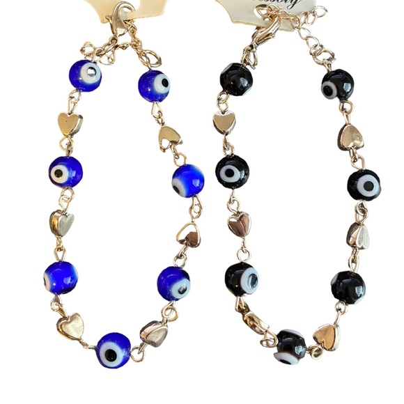 Jewelry - Blue & Black Evil Eye with Gold Tone Hearts Bracelets Set